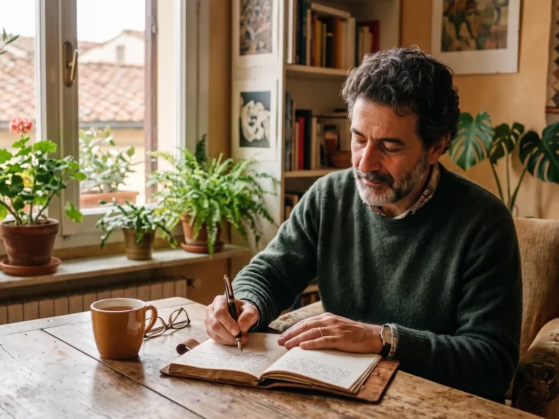 A client journaling with a cup of tea by a sunlit window